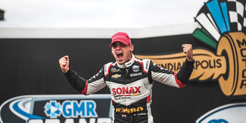 Rinus VeeKay at the 2021 GMR Grand Prix Victory Podium