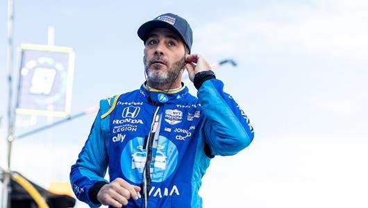 Jimmie Johnson on pitl late at the Indianapolis Motor Speedway