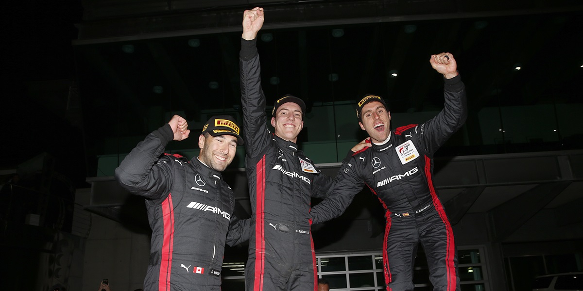 Raffaele Marciello, Daniel Juncadella, and Daniel Morad celebrate victory in the Indianapolis 8 Hour