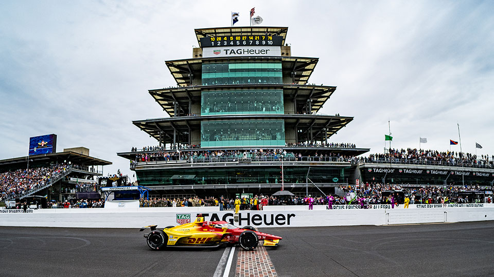 Alex Palou crosses the finish line at the Indy 500