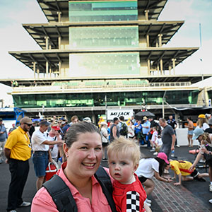 A mother and child participate in the Grid Walk